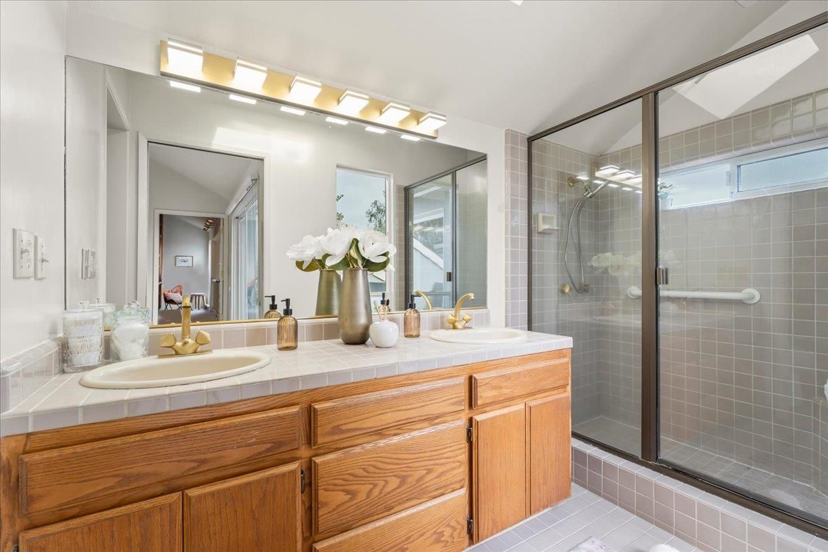 Bathroom, Dual Sink Vanities, Glass Shower, Interior, Tile Countertops