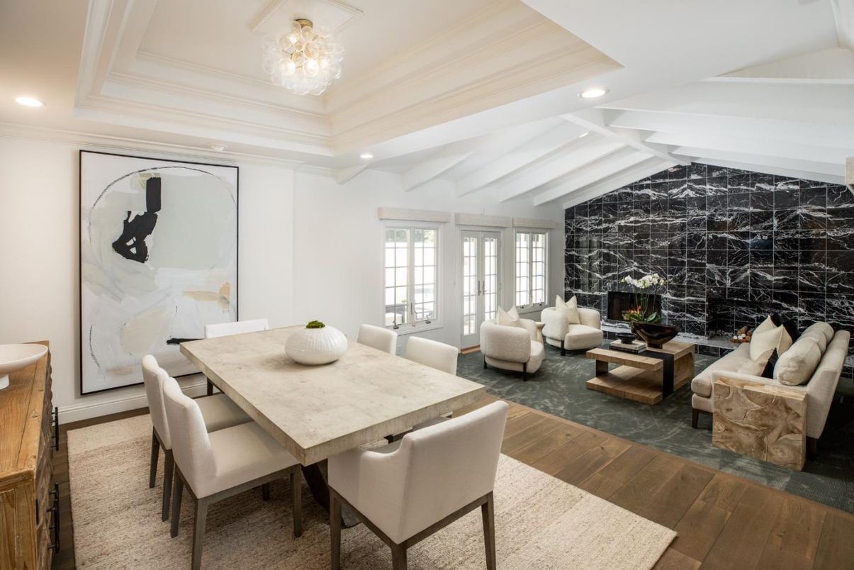 Chandelier, Dining room, Fireplace, Interior, Living room, Recessed Lighting, Wood Texture Flooring