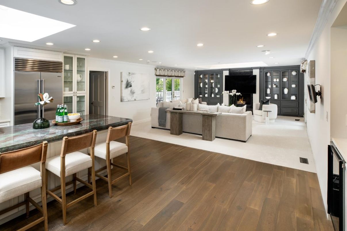 Fireplace, Interior, Kitchen, Living room, Recessed Lighting, Stainless Steel Appliances, Wood Texture Flooring