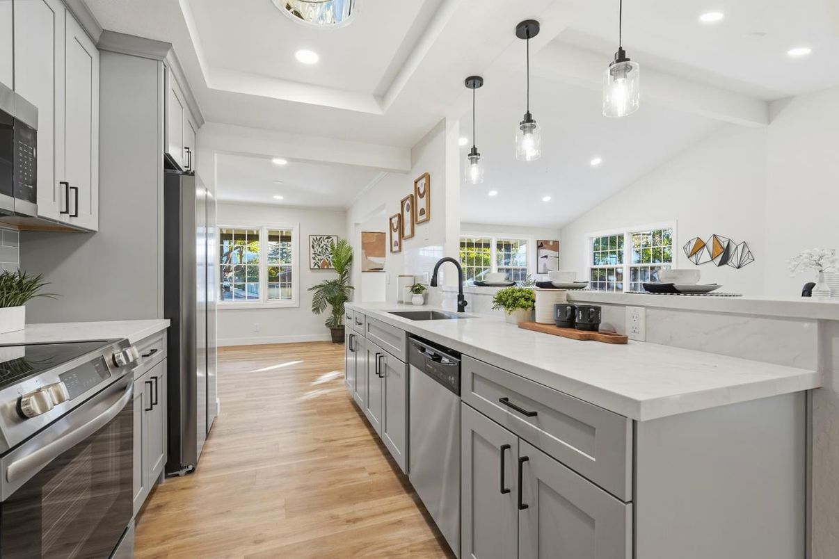 Interior, Kitchen, Pendant Lights, Recessed Lighting, Stainless Steel Appliances, Wood Texture Flooring