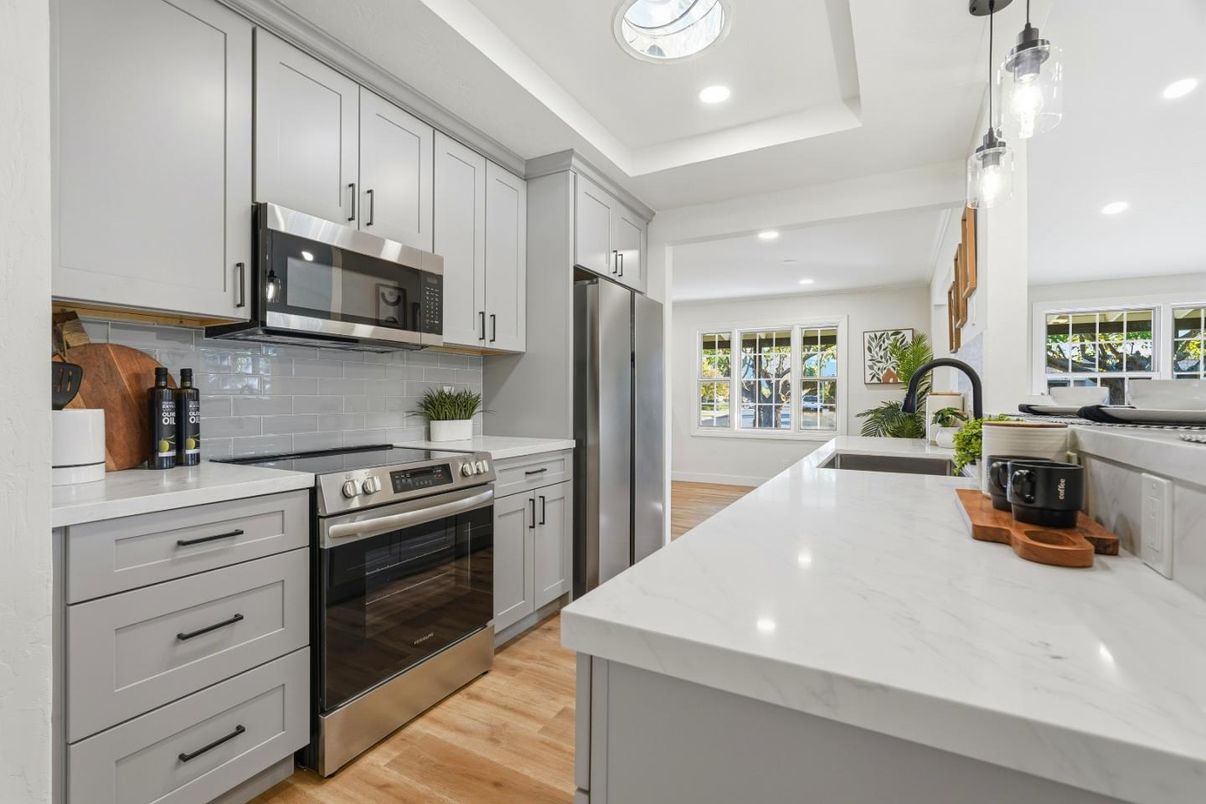Interior, Kitchen, Pendant Lights, Recessed Lighting, Stainless Steel Appliances, Wood Texture Flooring