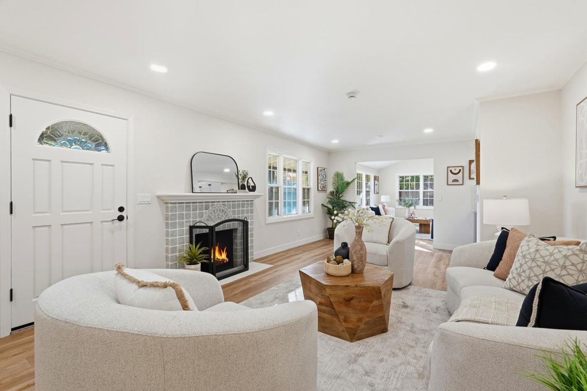 Fireplace, Interior, Living room, Recessed Lighting, Wood Texture Flooring