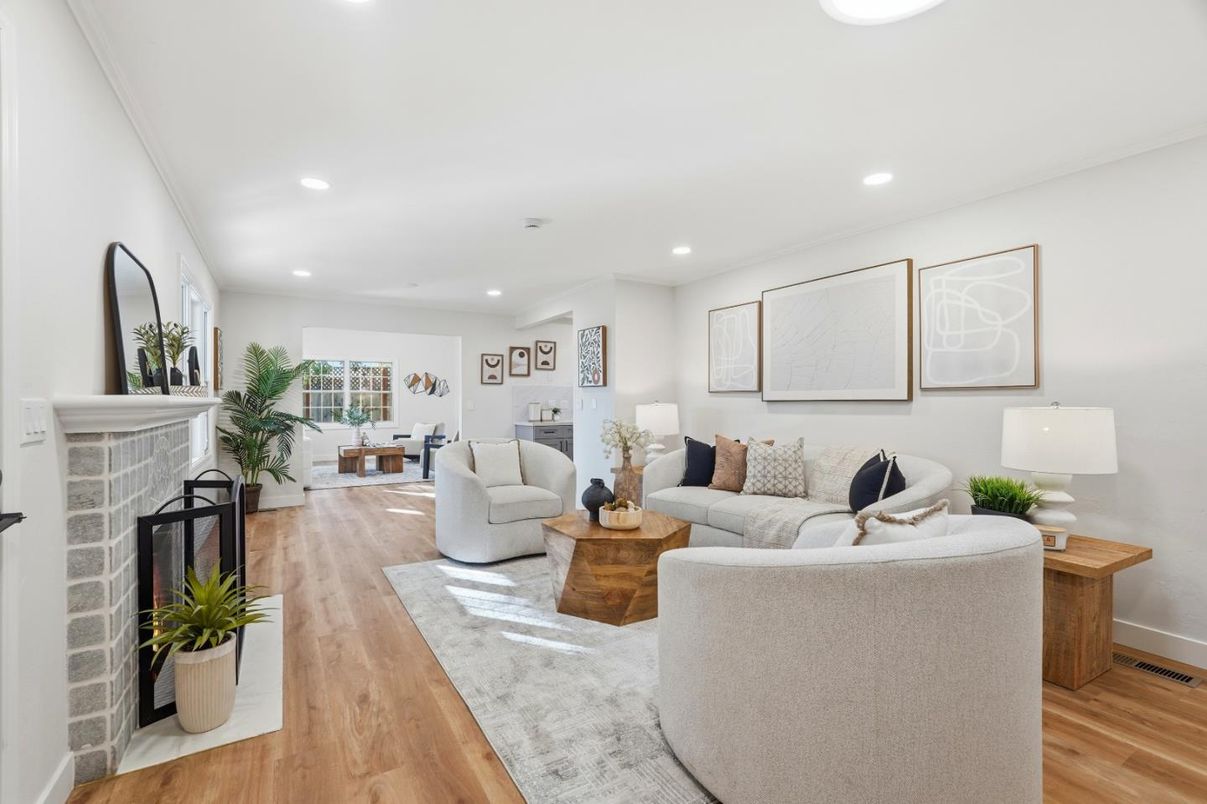 Fireplace, Interior, Living room, Recessed Lighting, Wood Texture Flooring