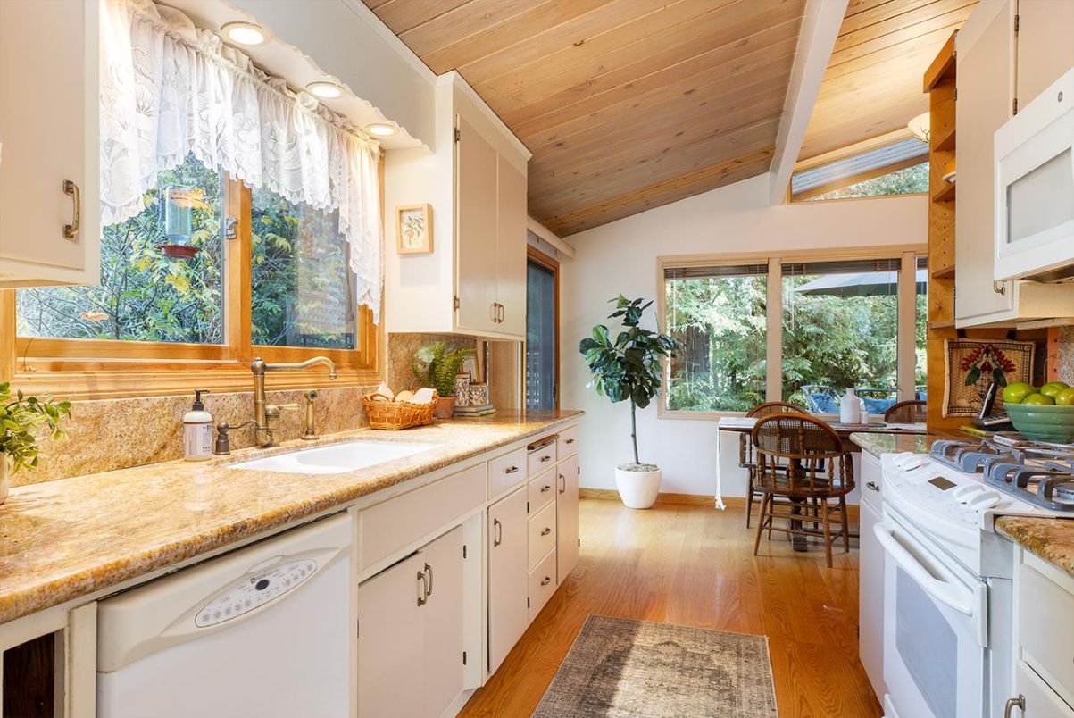 Interior, Kitchen, Recessed Lighting, Wooden Ceilings, Wood Texture Flooring