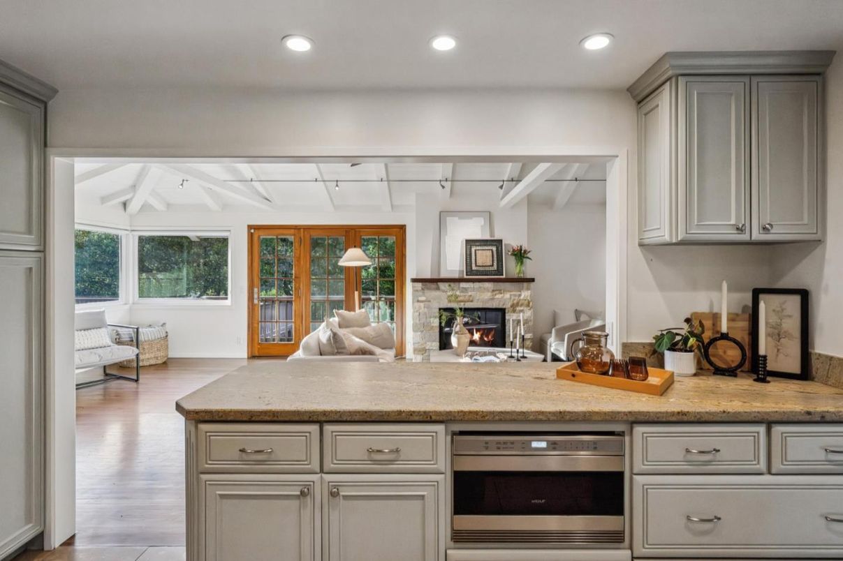 Fireplace, Interior, Kitchen, Living room, Recessed Lighting, Wood Texture Flooring