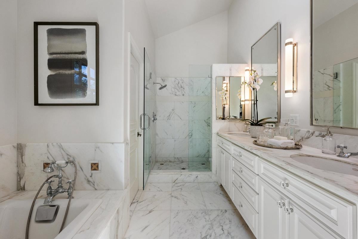 Bathroom, Dual Sink Vanities, Glass Shower, Interior, Marble, Marble Walls