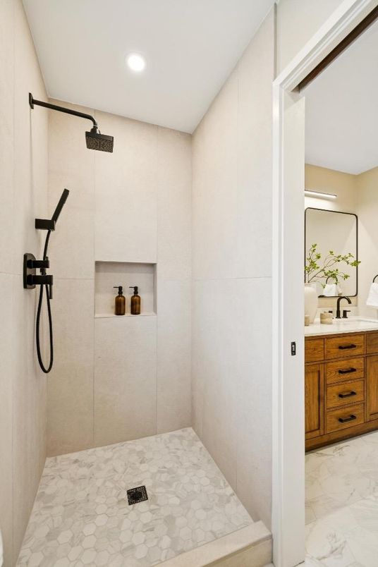 Bathroom, Glass Shower, Interior, Marble, Recessed Lighting