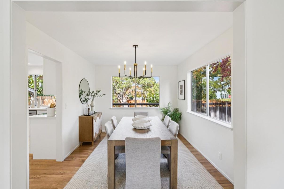 Dining room, Interior, Pendant Lights, Wood Texture Flooring