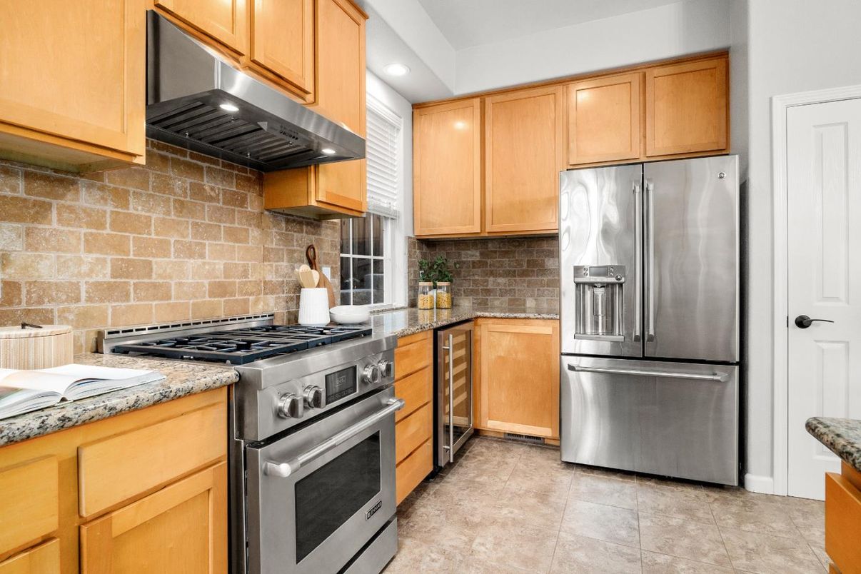 Interior, Kitchen, Recessed Lighting, Stainless Steel Appliances, Stone Walls