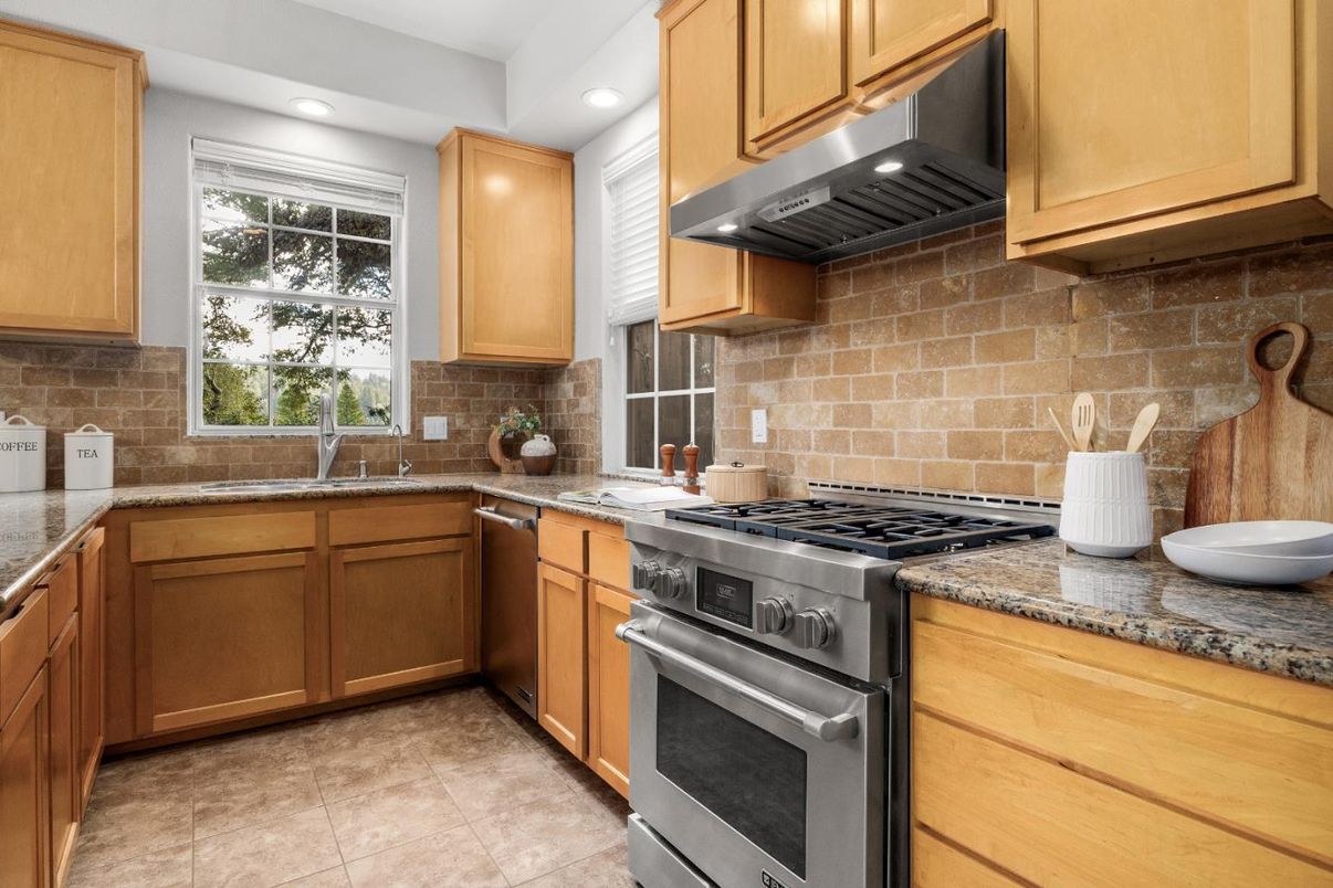 Interior, Kitchen, Recessed Lighting, Stainless Steel Appliances, Stone Walls