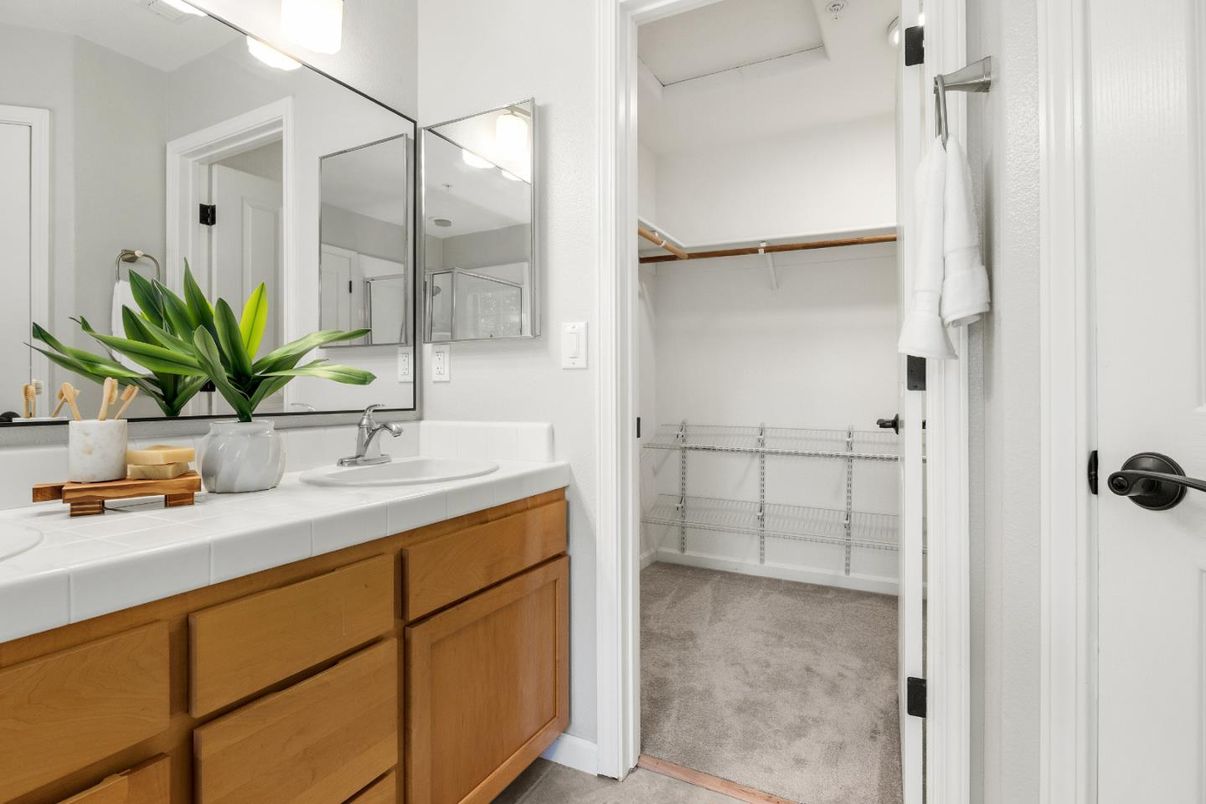 Bathroom, Dual Sink Vanities, Interior, Tile Countertops, Walk-in Closets