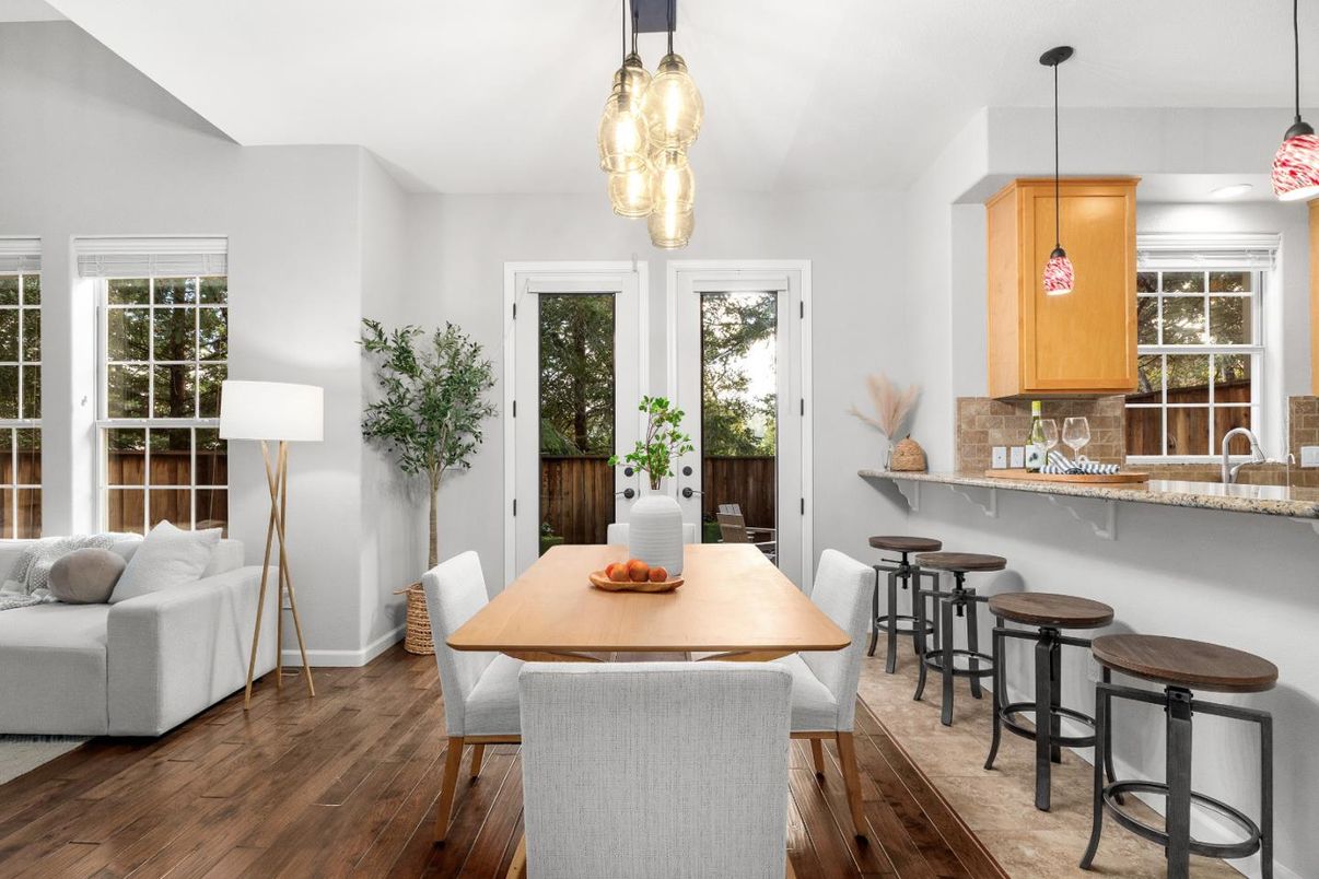 Dining room, Interior, Pendant Lights, Wood Texture Flooring