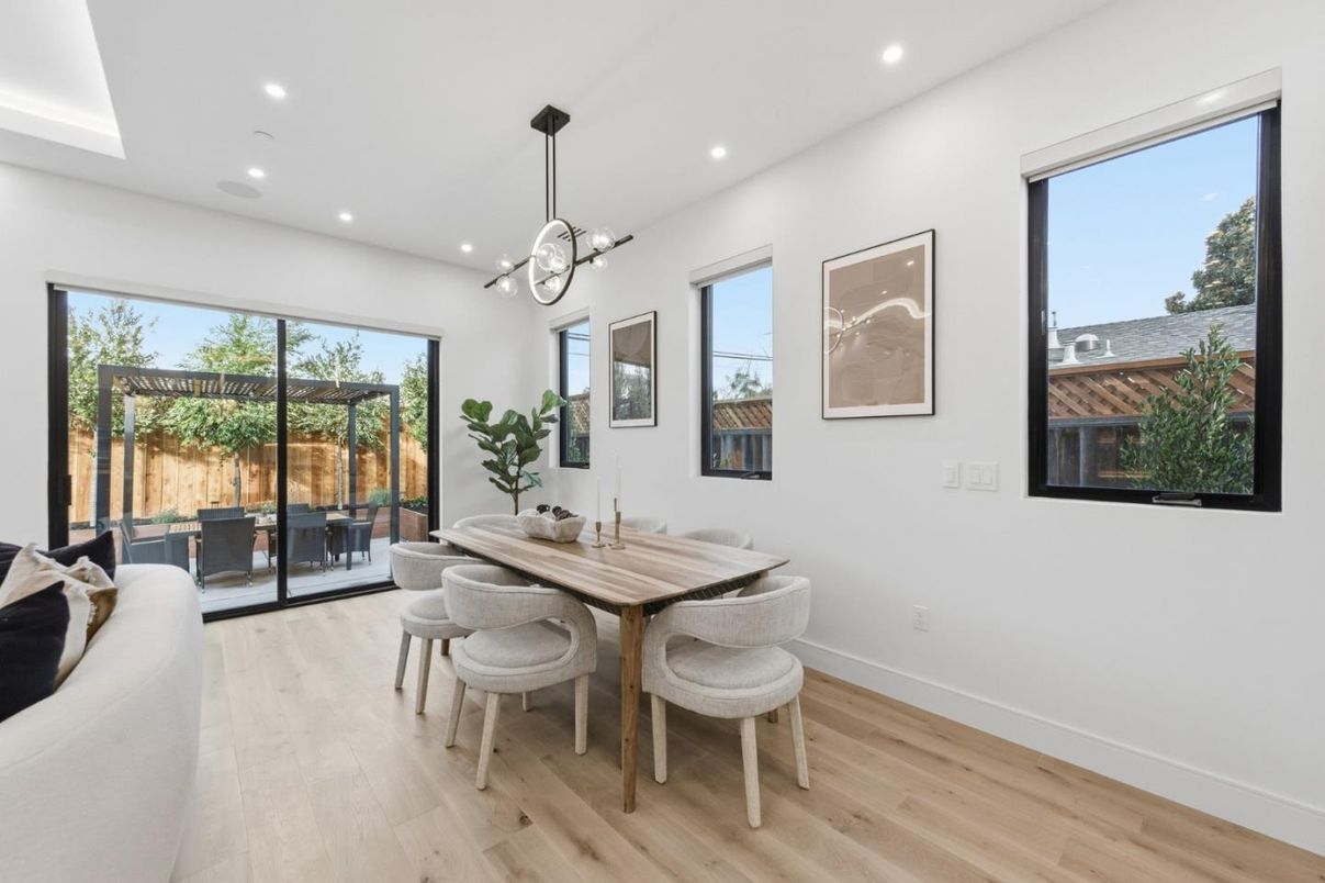 Dining room, Interior, Pendant Lights, Recessed Lighting, Wood Texture Flooring