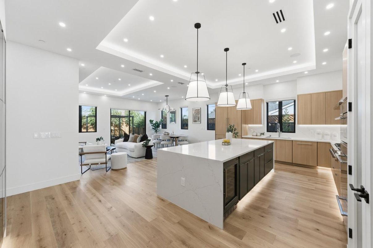 Interior, Kitchen, Living room, Pendant Lights, Recessed Lighting, Stainless Steel Appliances, Wood Texture Flooring