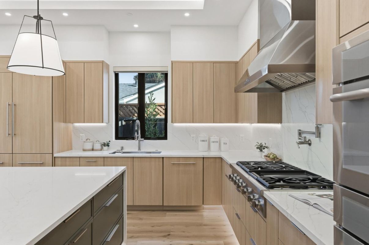 Interior, Kitchen, Pendant Lights, Recessed Lighting, Stainless Steel Appliances, Wood Texture Flooring