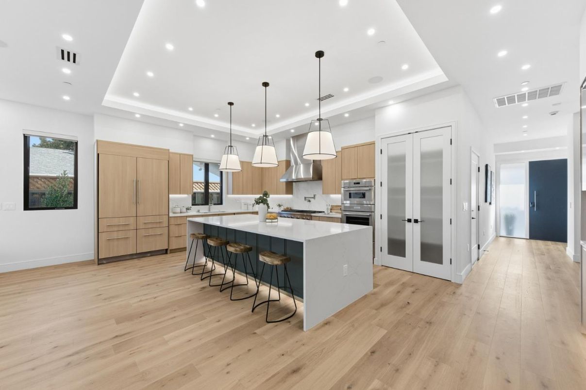 Interior, Kitchen, Pendant Lights, Recessed Lighting, Stainless Steel Appliances, Wood Texture Flooring