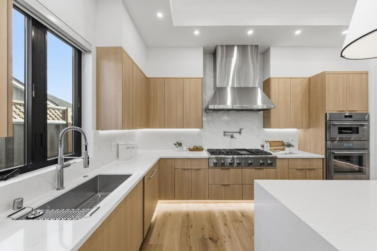 Interior, Kitchen, Recessed Lighting, Stainless Steel Appliances, Wood Texture Flooring