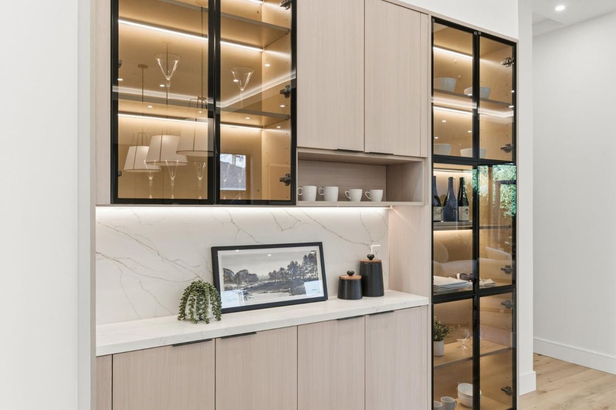 Interior, Marble Walls, Recessed Lighting, Wood Texture Flooring