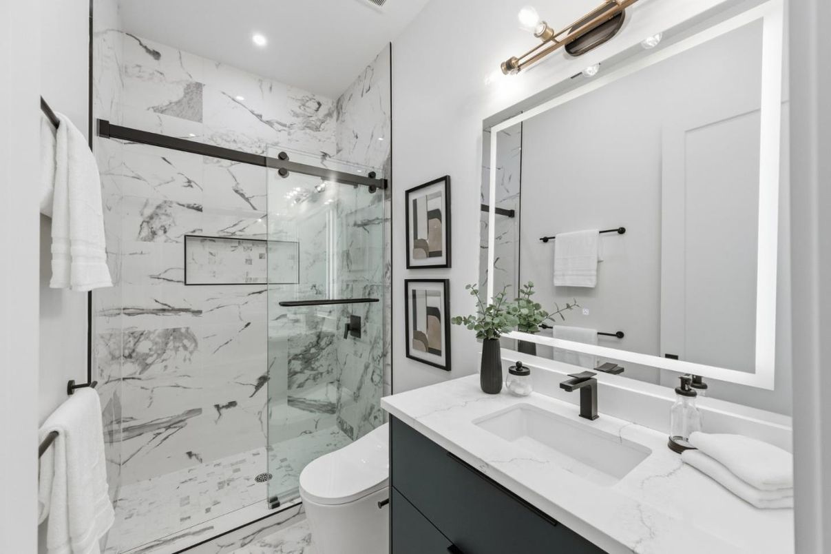 Bathroom, Glass Shower, Interior, Marble, Marble Walls, Recessed Lighting