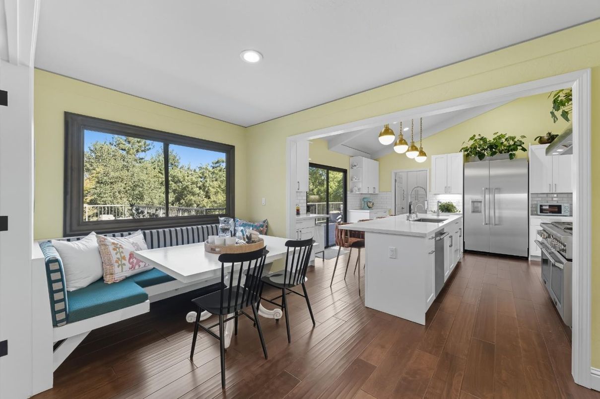 Dining room, Interior, Kitchen, Recessed Lighting, Stainless Steel Appliances, Wood Texture Flooring