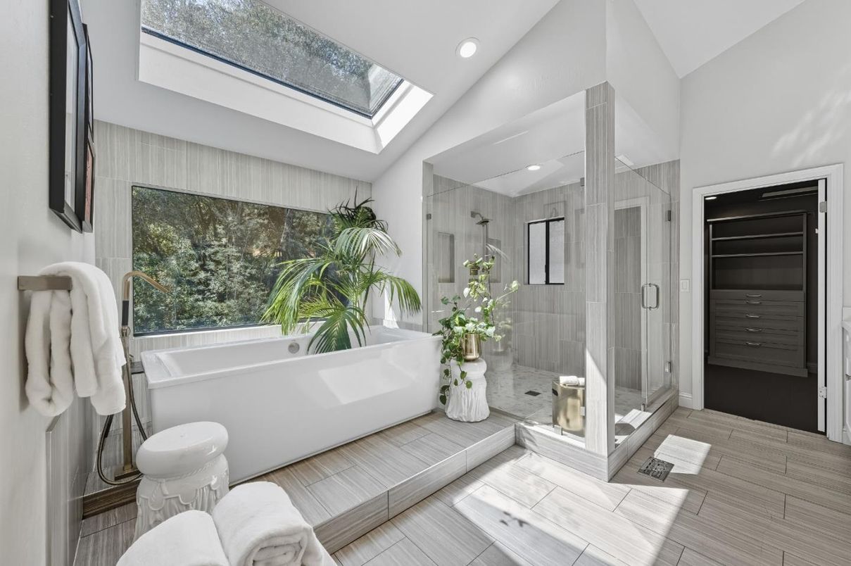 Bathroom, Free Standing Baths, Glass Shower, Interior, Recessed Lighting, Wood Texture Flooring