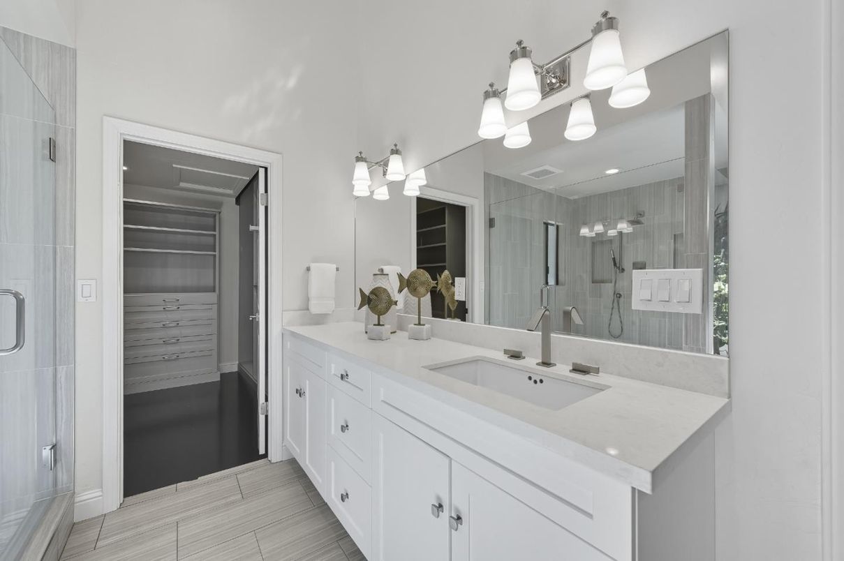 Bathroom, Dual Sink Vanities, Glass Shower, Interior, Walk-in Closets, Wood Texture Flooring