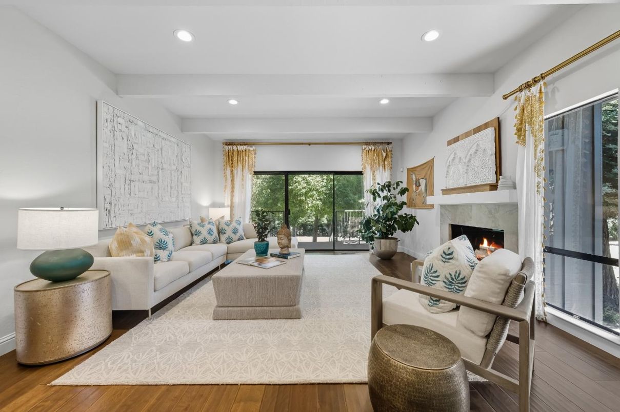 Fireplace, Interior, Living room, Recessed Lighting, Wood Texture Flooring