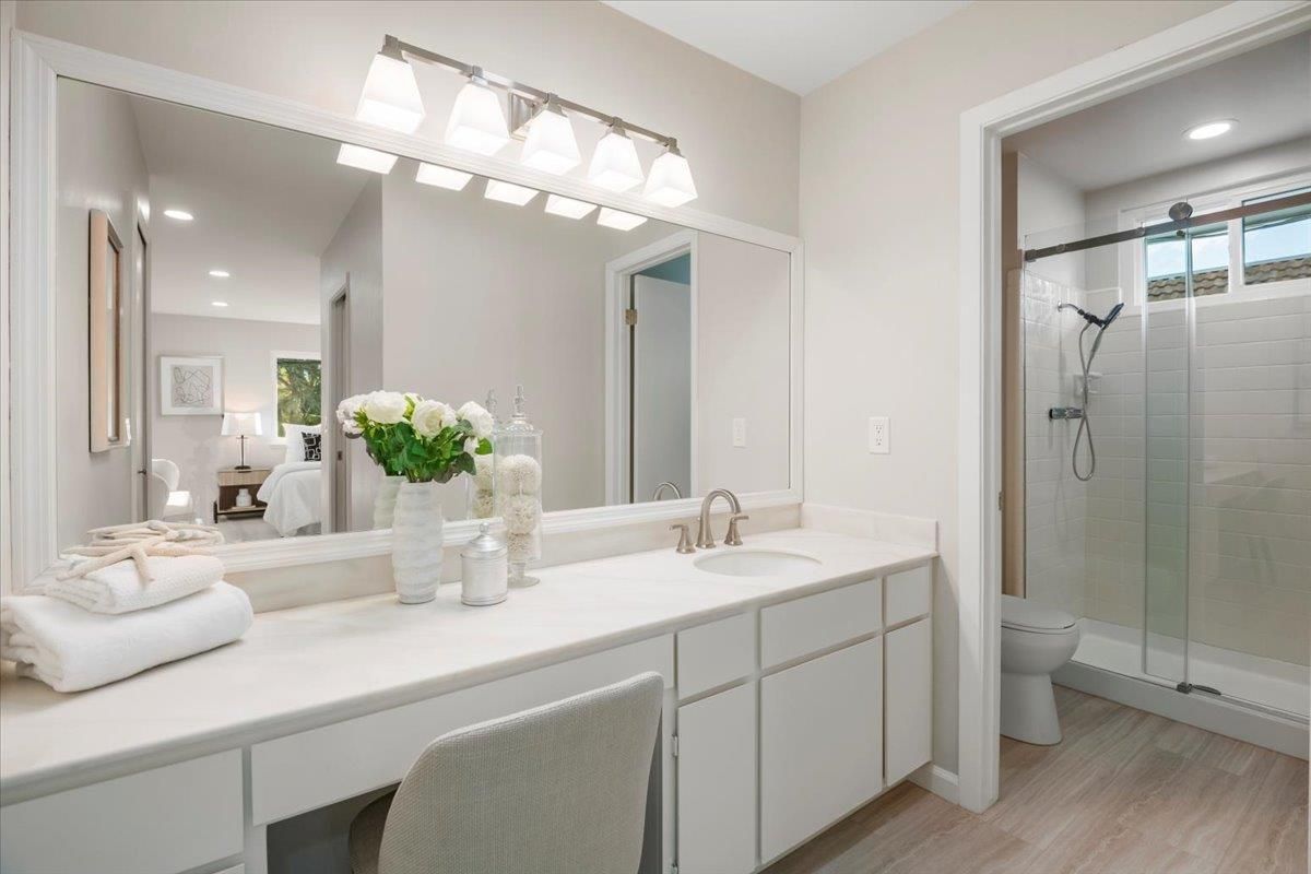 Bathroom, Bedroom, Glass Shower, Interior, Recessed Lighting, Wood Texture Flooring