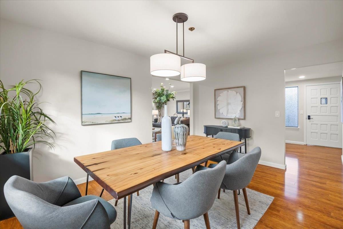 Dining room, Interior, Pendant Lights, Recessed Lighting, Wood Texture Flooring