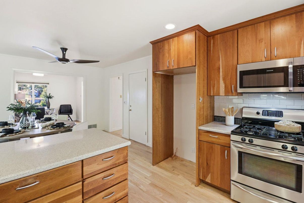 Interior, Kitchen, Recessed Lighting, Stainless Steel Appliances, Wood Texture Flooring