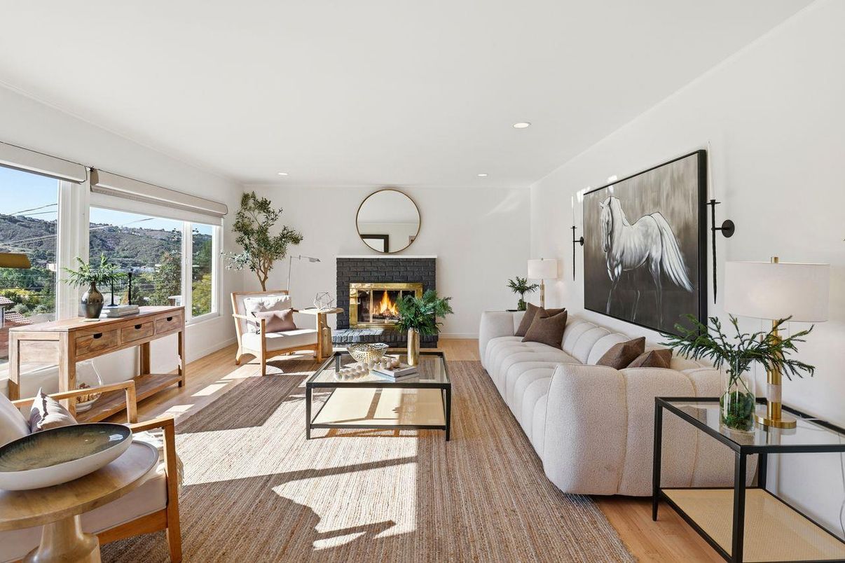 Fireplace, Interior, Living room, Recessed Lighting, Wood Texture Flooring