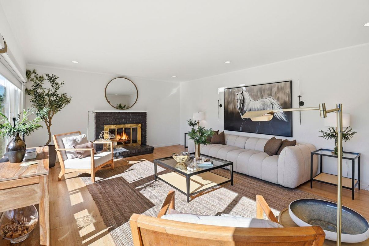 Fireplace, Interior, Living room, Recessed Lighting, Wood Texture Flooring