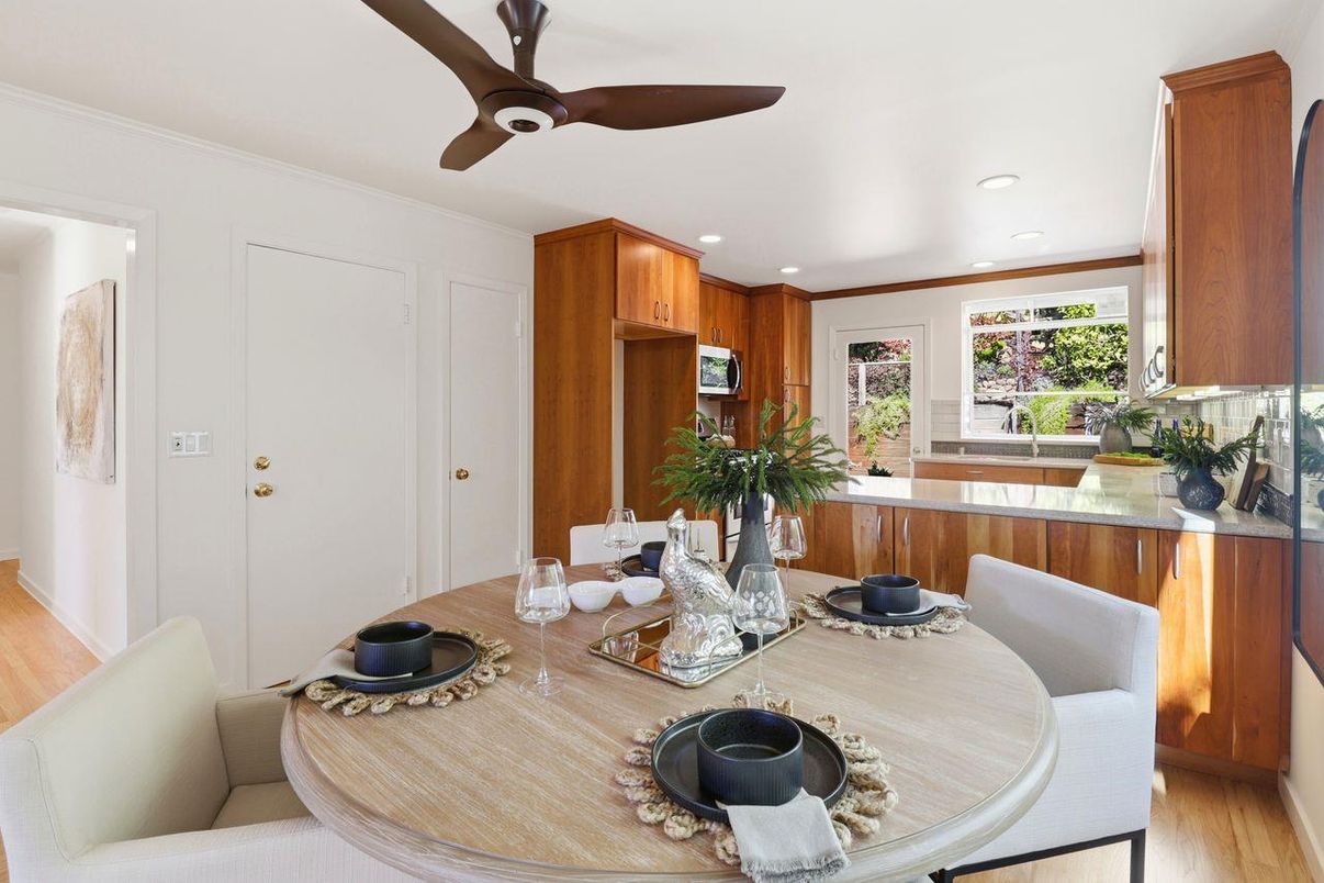 Dining room, Interior, Recessed Lighting, Wood Texture Flooring