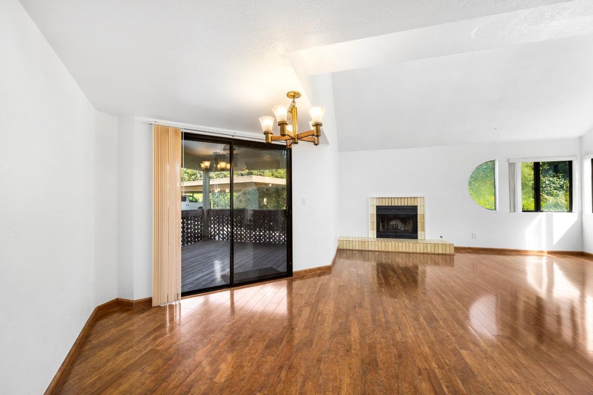Chandelier, Empty room, Fireplace, Interior, Wood Texture Flooring