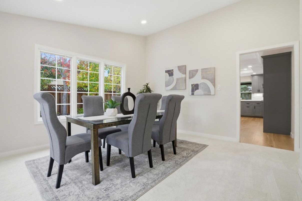 Dining room, Interior, Recessed Lighting, Wood Texture Flooring