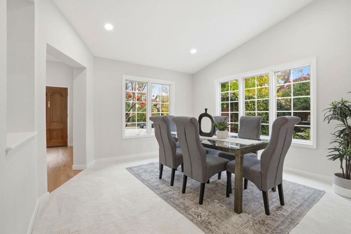 Dining room, Interior, Recessed Lighting, Wood Texture Flooring