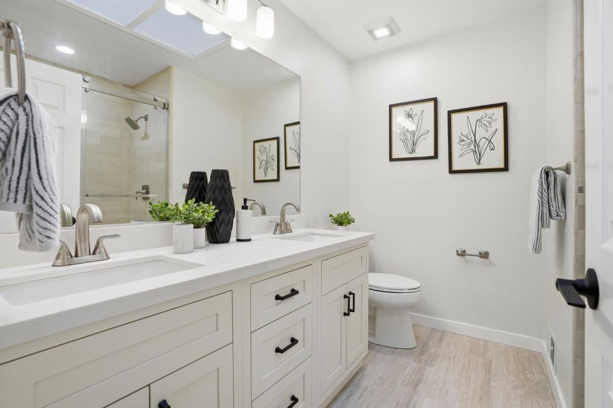 Bathroom, Dual Sink Vanities, Interior, Recessed Lighting, Wood Texture Flooring