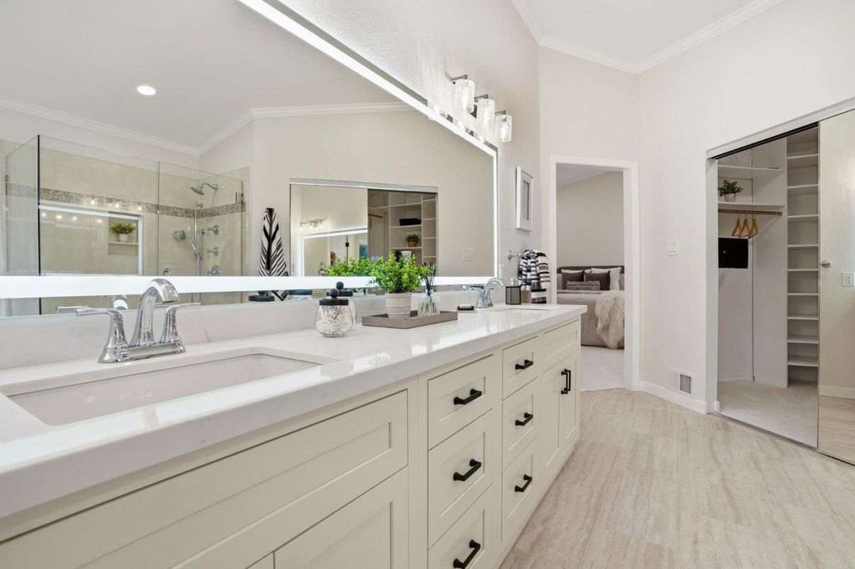 Bathroom, Dual Sink Vanities, Glass Shower, Interior, Marble, Recessed Lighting