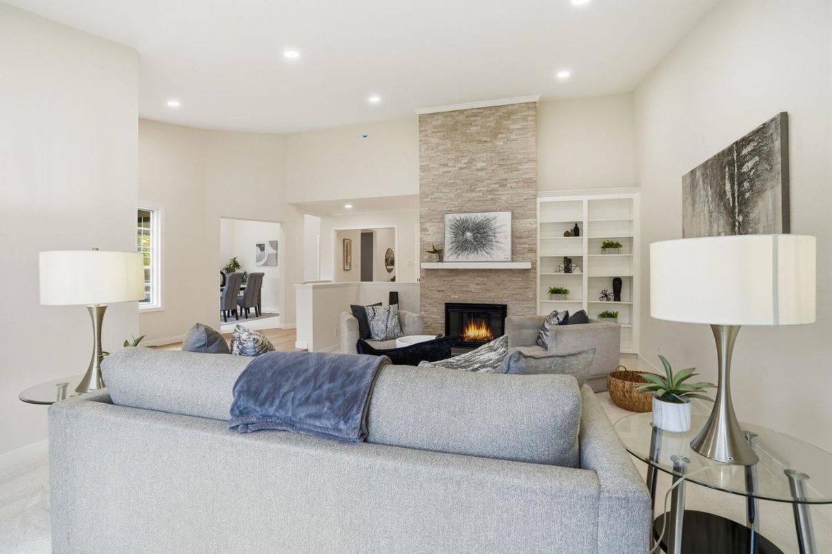 Fireplace, Interior, Living room, Recessed Lighting, Stone Walls