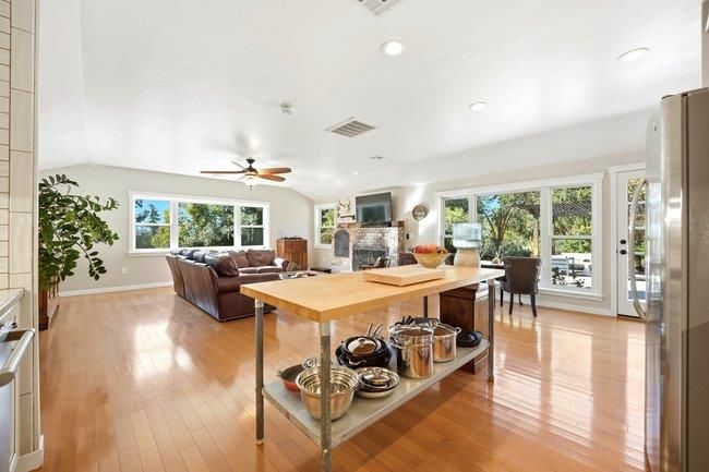 Dining room, Fireplace, Interior, Kitchen, Living room, Recessed Lighting, Wood Texture Flooring