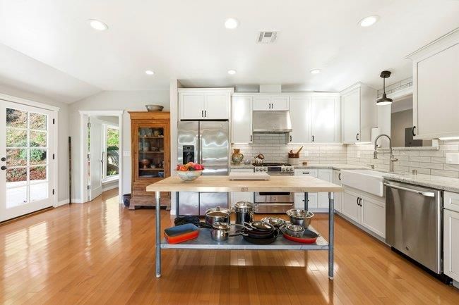 Interior, Kitchen, Pendant Lights, Recessed Lighting, Stainless Steel Appliances, Wood Texture Flooring