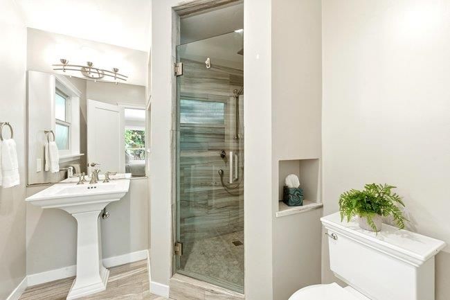 Bathroom, Glass Shower, Interior, Wood Texture Flooring