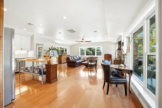 Dining room, Interior, Kitchen, Living room, Recessed Lighting, Wood Texture Flooring
