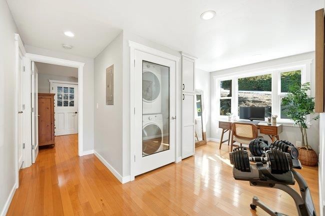 Home Office, Interior, Recessed Lighting, Utility Closets, Washer, Wood Texture Flooring