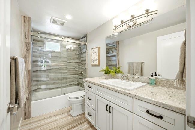 Bathroom, Glass Shower, Interior, Recessed Lighting, Wood Texture Flooring