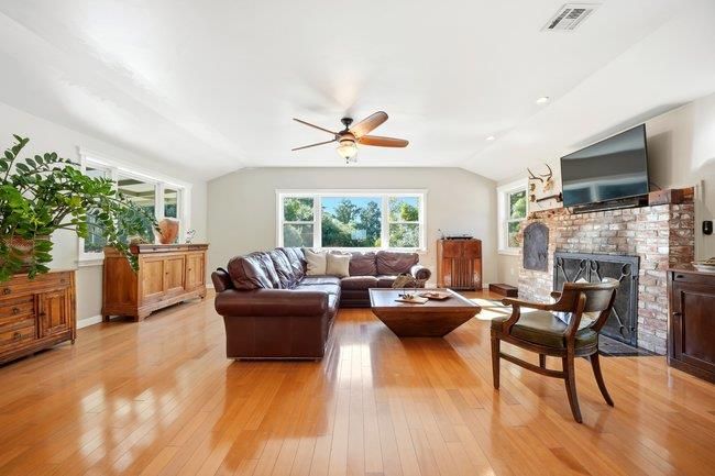 Fireplace, Interior, Living room, Recessed Lighting, Wood Texture Flooring