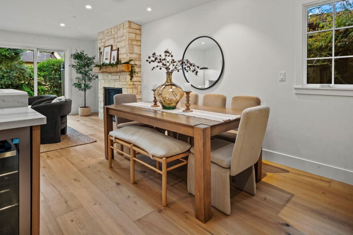 Dining room, Fireplace, Interior, Recessed Lighting, Stone Walls, Wood Texture Flooring