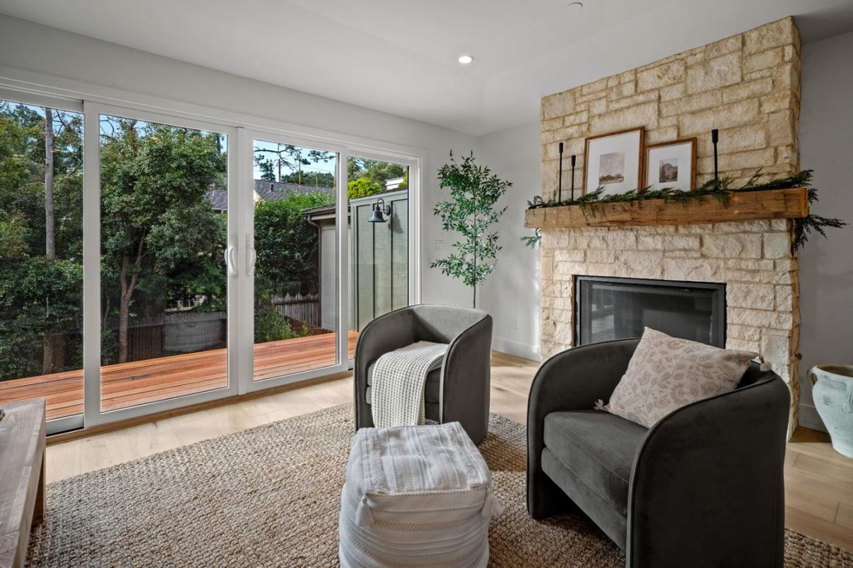Fireplace, Interior, Recessed Lighting, Stone Walls, Wood Texture Flooring