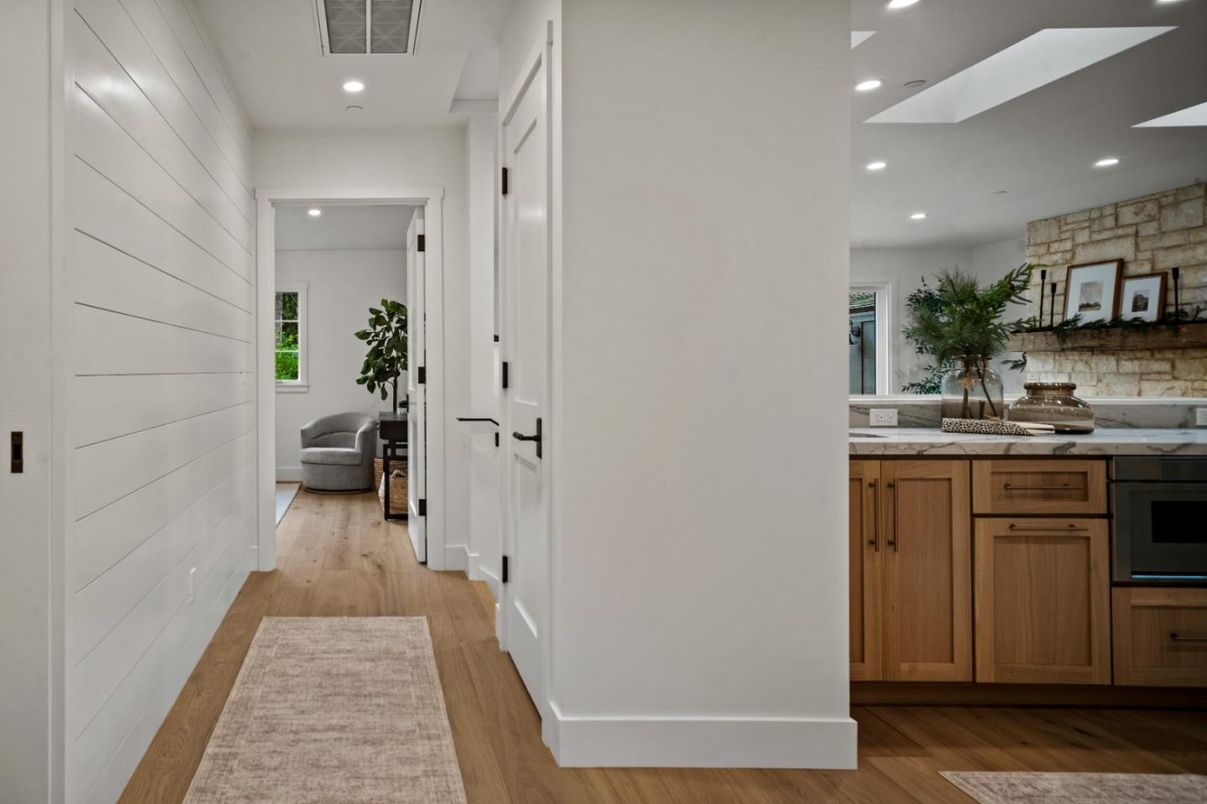 Interior, Kitchen, Recessed Lighting, Stone Walls, Wood Texture Flooring