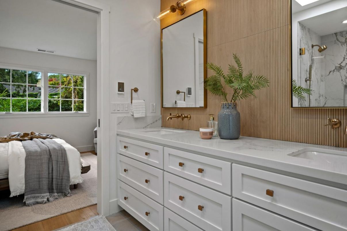 Bathroom, Dual Sink Vanities, Interior, Marble Walls, Wood Texture Flooring